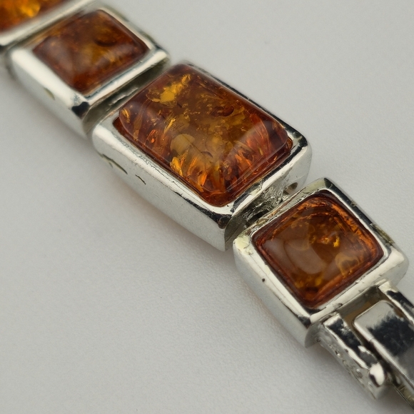 18KGP Amber Link Bracelet 7" Rectangular Gemstones Gold Plated Statement Jewelry - Picture 3 of 12
